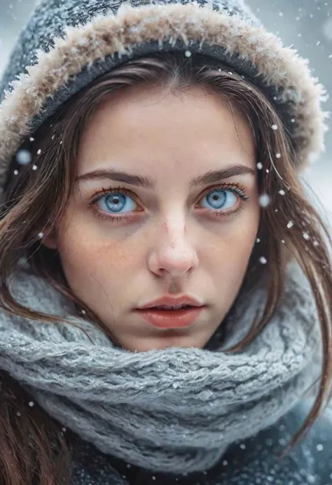 RAW Photo, A woman with stunning eyes is staring at the viewer, it's snowing, dreamlike imagery, dslr, 8k. 35mm photograph, masterpiece