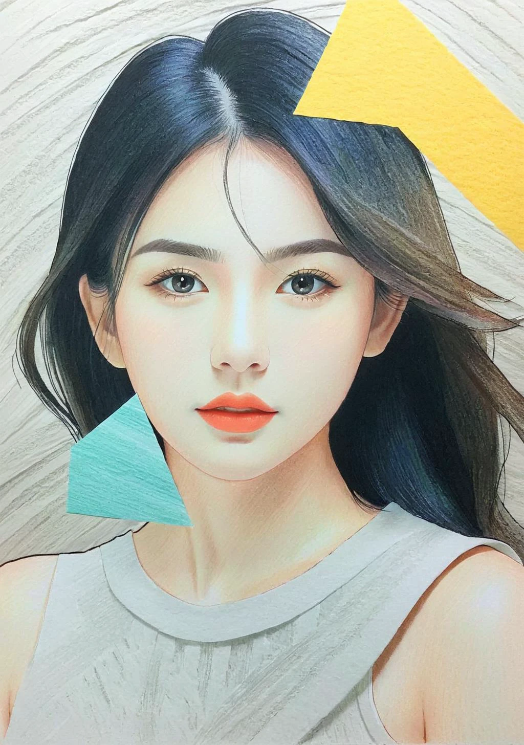 Papercut collage of 1girl,(FN colored pencils:1.2),Hand drawing,sketch,portrait,Soft neutral tones background,(Artist-grade pencil drawing details:1.2),1girl,<lora:FN-colored pencils_XL-V1.0:0.8>, . Mixed media, textured paper, overlapping, asymmetrical, abstract, vibrant