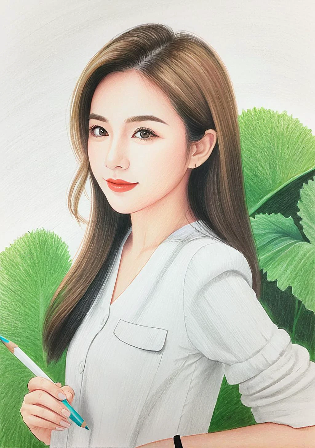 Real estate photography style 1girl,(FN colored pencils:1.2),Hand drawing,sketch,portrait,Soft neutral tones background,(Artist-grade pencil drawing details:1.2),1girl,<lora:FN-colored pencils_XL-V1.0:0.8>, . Professional, inviting, well-lit, high-resolution, property-focused, commercial, highly detailed