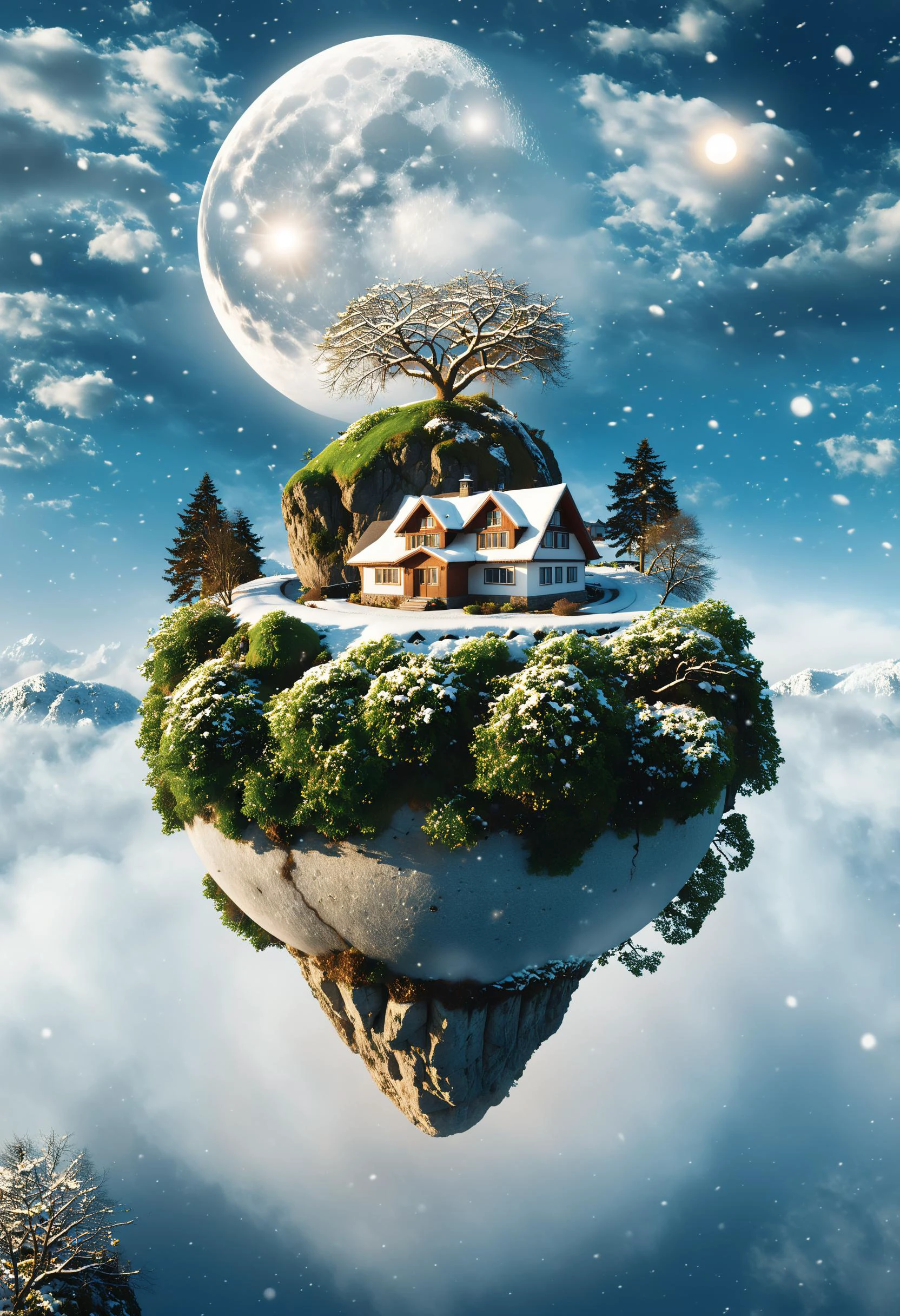 cinematic photo surreal, a floating island with rock cliff mountain, The island suspended in the sky. Inside there is an megalophobia gigantic glowing Moon nearby a house, Behind the island is the blue sky and white clouds, with flowers, green plants and buds, It is a hyper-realistic science fiction style, ethereal illustration. Spherical sculpture, time-lapse photography, conceptual digital art, shrouded in mist ,snow, night <lora:xl_floating:0.9> . 35mm photograph, film, bokeh, professional, 4k, highly detailed