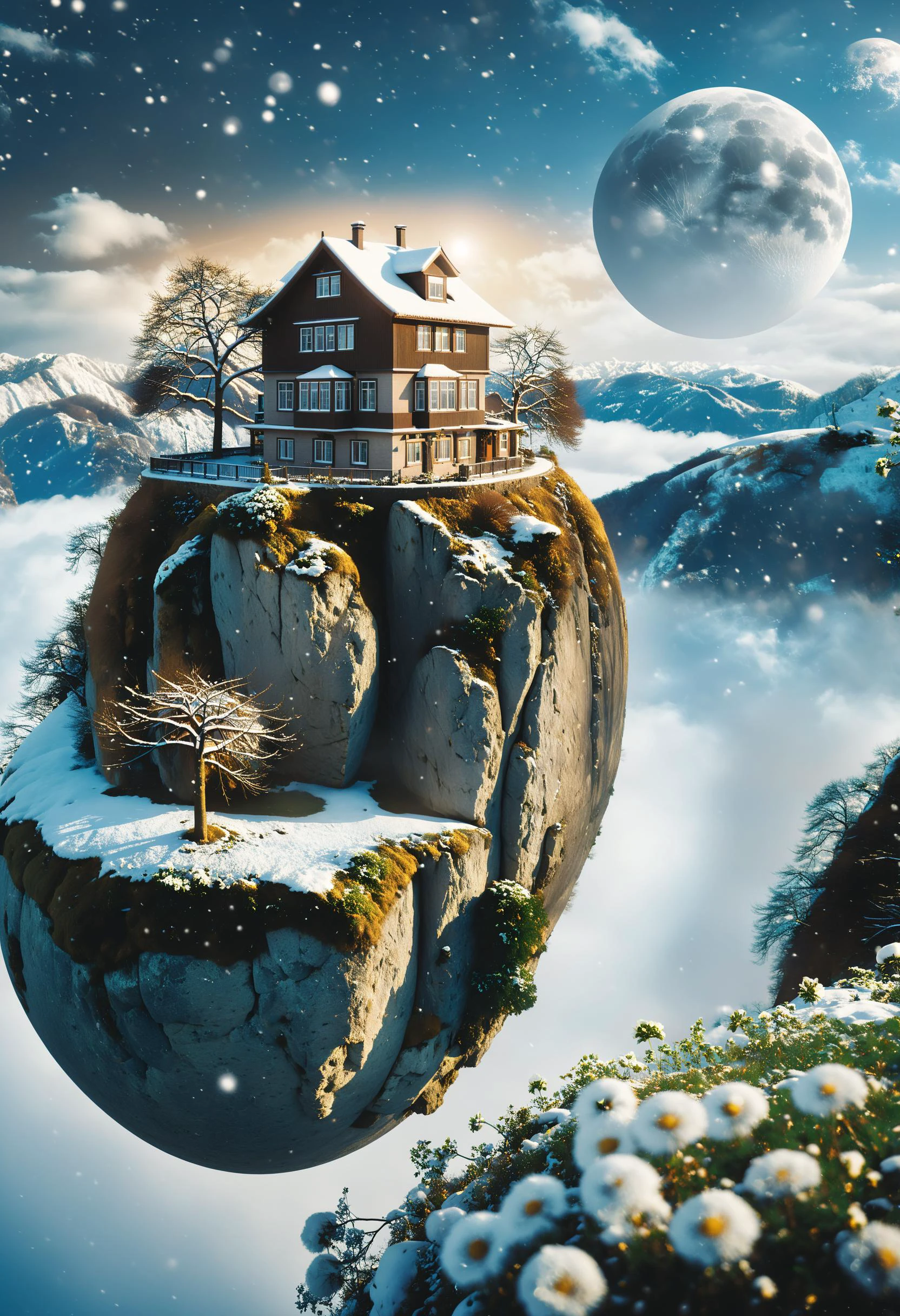 cinematic photo surreal, a floating island with rock cliff mountain, The island suspended in the sky. Inside there is an megalophobia gigantic glowing Moon nearby a house, Behind the island is the blue sky and white clouds, with flowers, green plants and buds, It is a hyper-realistic science fiction style, ethereal illustration. Spherical sculpture, time-lapse photography, conceptual digital art, shrouded in mist ,snow, night <lora:xl_floating:0.9> . 35mm photograph, film, bokeh, professional, 4k, highly detailed