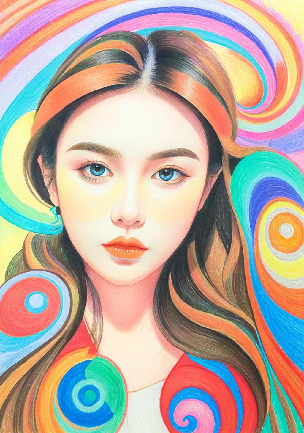 Psychedelic style 1girl,(FN colored pencils:1.2),Hand drawing,sketch,portrait,Soft neutral tones background,(Artist-grade pencil drawing details:1.2),1girl,<lora:FN-colored pencils_XL-V1.0:0.8>, . Vibrant colors, swirling patterns, abstract forms, surreal, trippy