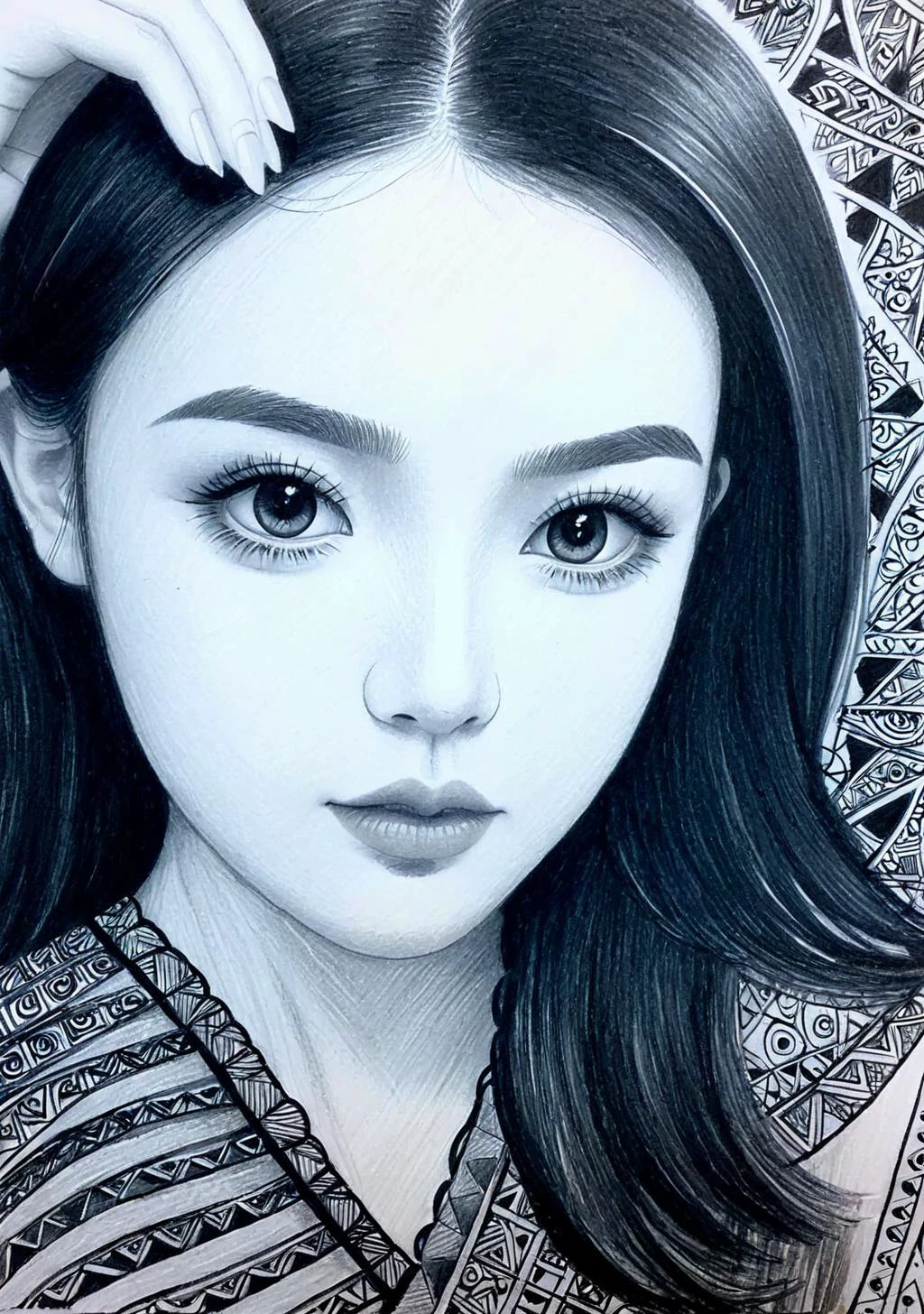 Zentangle 1girl,(FN colored pencils:1.2),Hand drawing,sketch,portrait,Soft neutral tones background,(Artist-grade pencil drawing details:1.2),1girl,<lora:FN-colored pencils_XL-V1.0:0.8>, . Intricate, abstract, monochrome, patterns, meditative, highly detailed