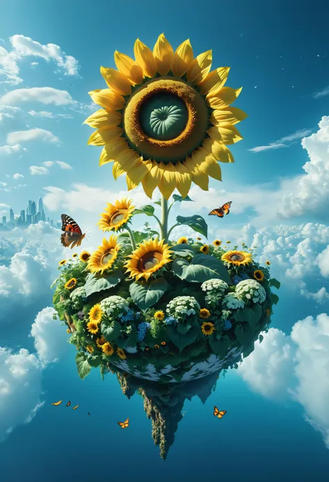 cinematic photo surreal, a floating island with Wonderland Garden, aesthetic, The island suspended in the sky. Inside there is an megalophobia gigantic sunflower,(Butterfly:0.7), It is a hyper-realistic science fiction style, ethereal illustration. conceptual digital art,<lora:xl_floating:0.7> . 35mm photograph, film, bokeh, professional, 4k, highly detailed