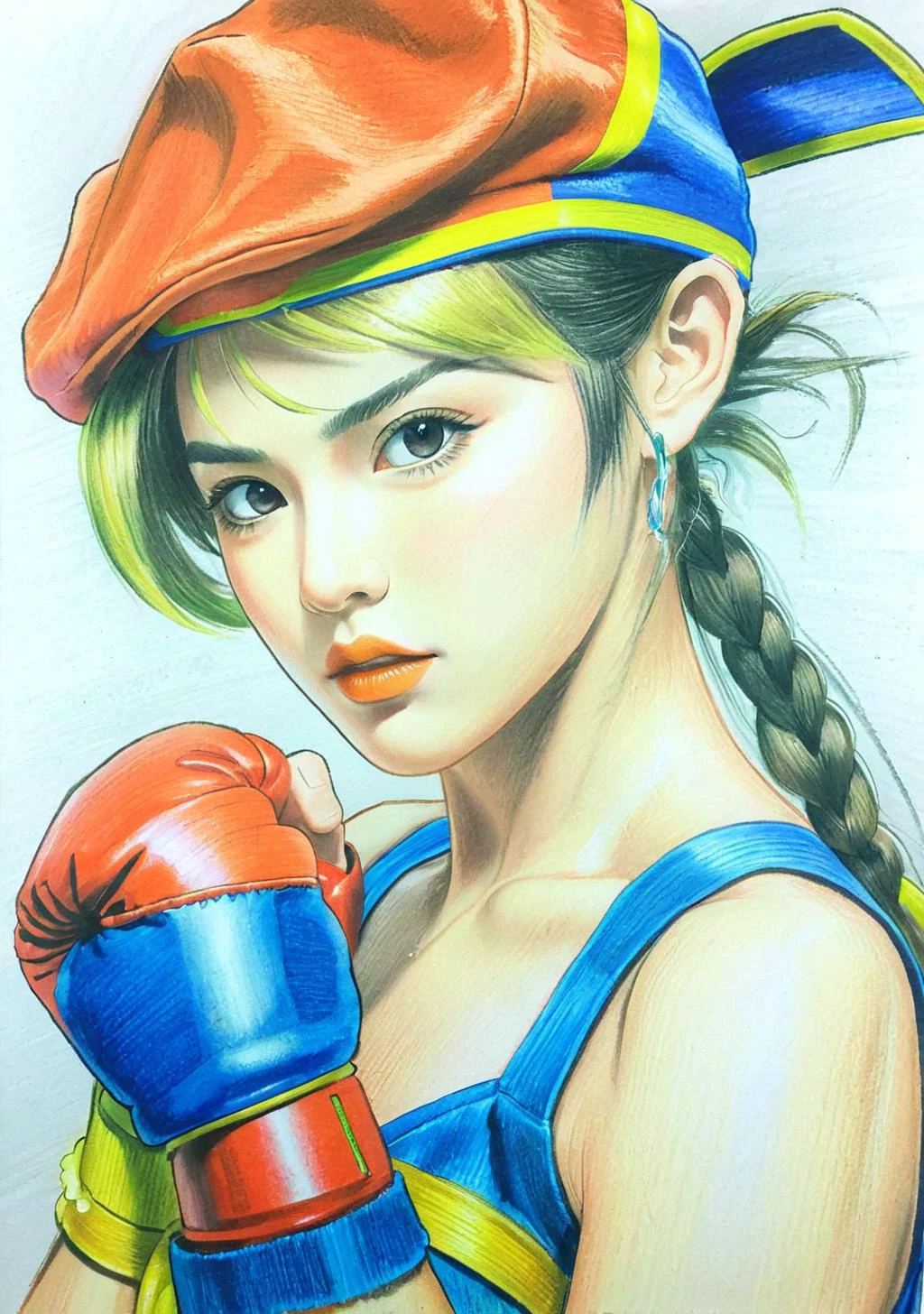 Street Fighter style 1girl,(FN colored pencils:1.2),Hand drawing,sketch,portrait,Soft neutral tones background,(Artist-grade pencil drawing details:1.2),1girl,<lora:FN-colored pencils_XL-V1.0:0.8>, . Vibrant, dynamic, arcade, 2D fighting game, highly detailed, reminiscent of Street Fighter series