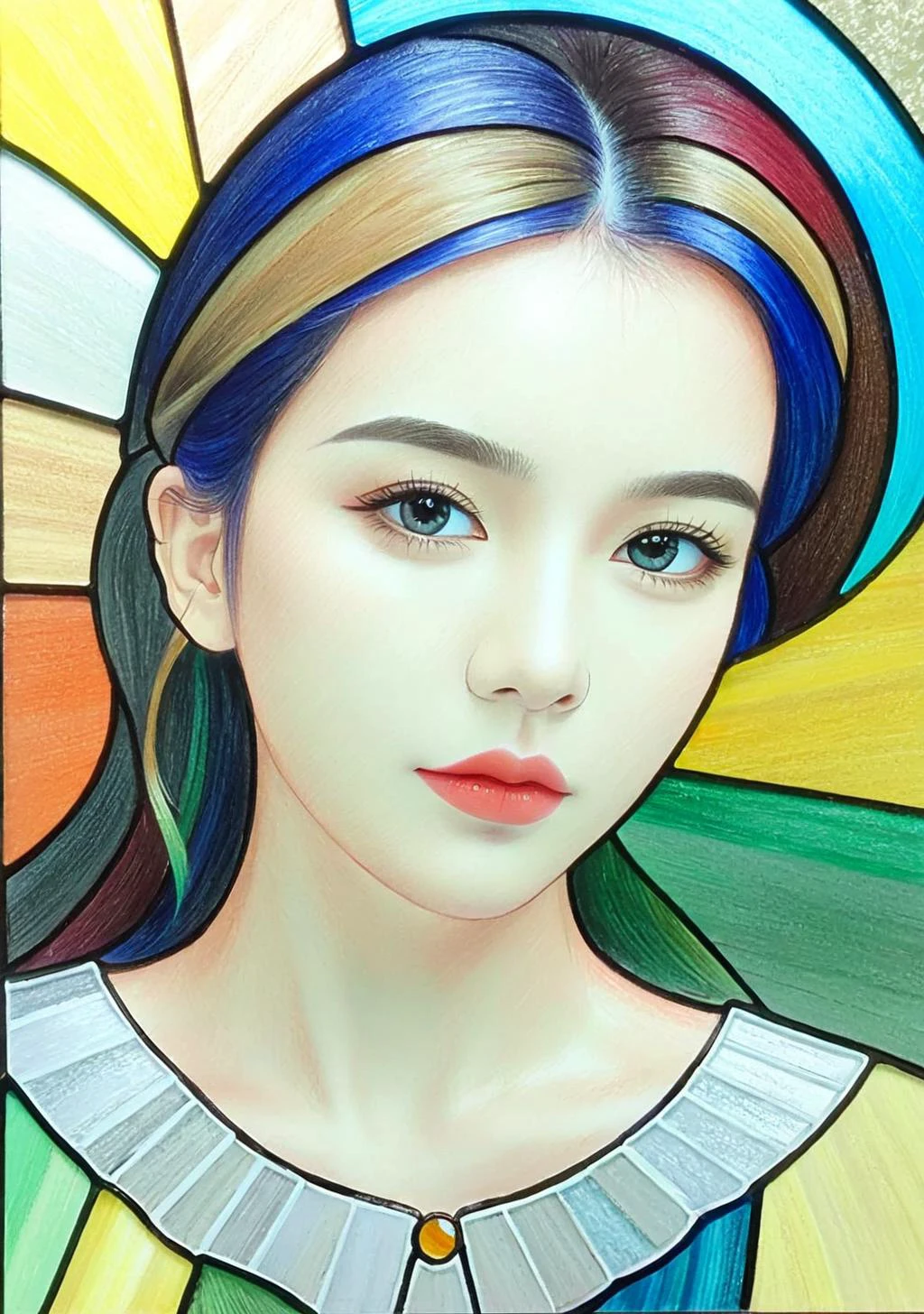 Stained glass style 1girl,(FN colored pencils:1.2),Hand drawing,sketch,portrait,Soft neutral tones background,(Artist-grade pencil drawing details:1.2),1girl,<lora:FN-colored pencils_XL-V1.0:0.8>, . Vibrant, beautiful, translucent, intricate, detailed