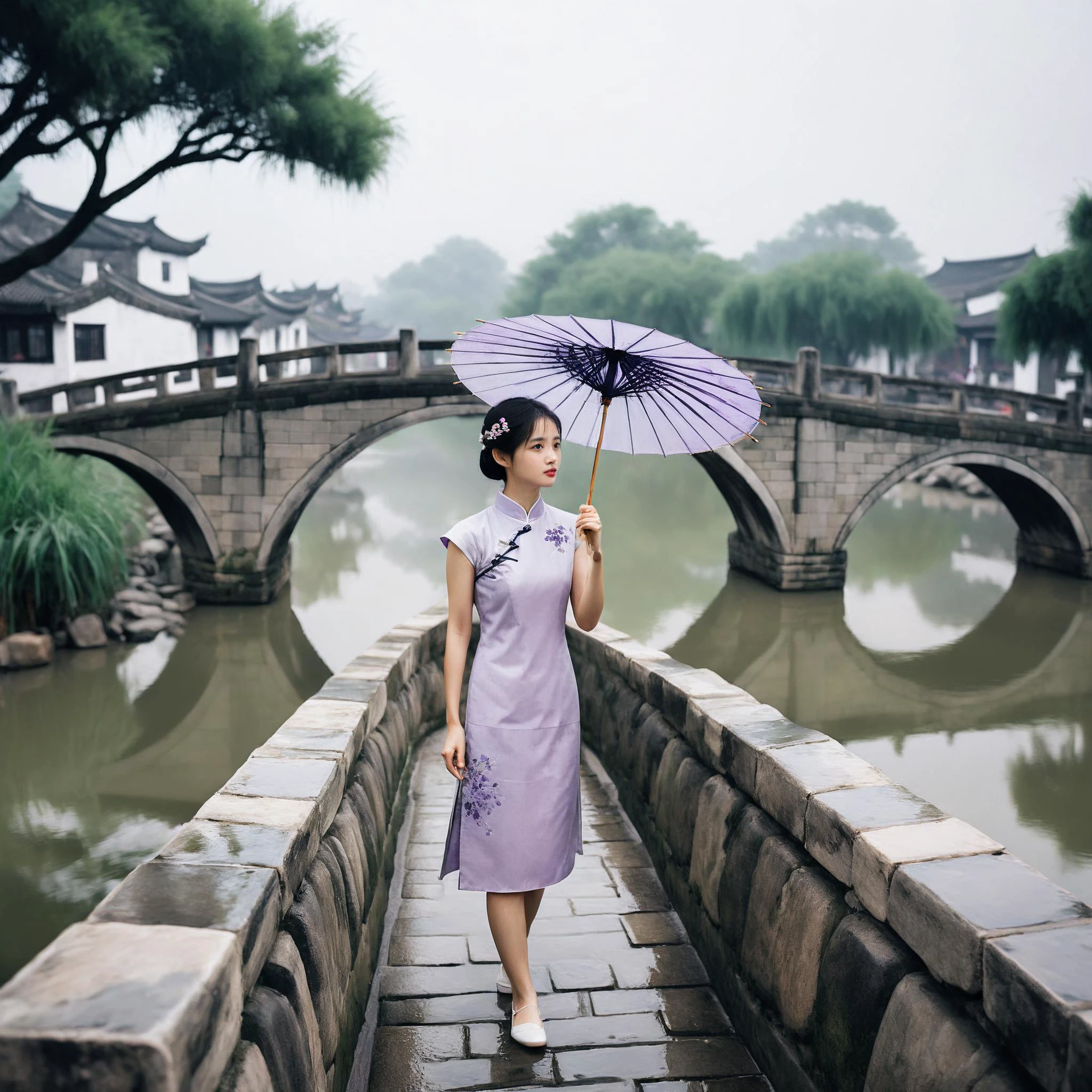 On the ancient stone bridge, a young woman wearing a lavender cheongsam held an oil-paper umbrella and stood on the ancient stone bridge. There was a hint of melancholy in her eyes. The surrounding small bridges, flowing water, white walls, and black tiles form a picturesque Jiangnan water town scenery.