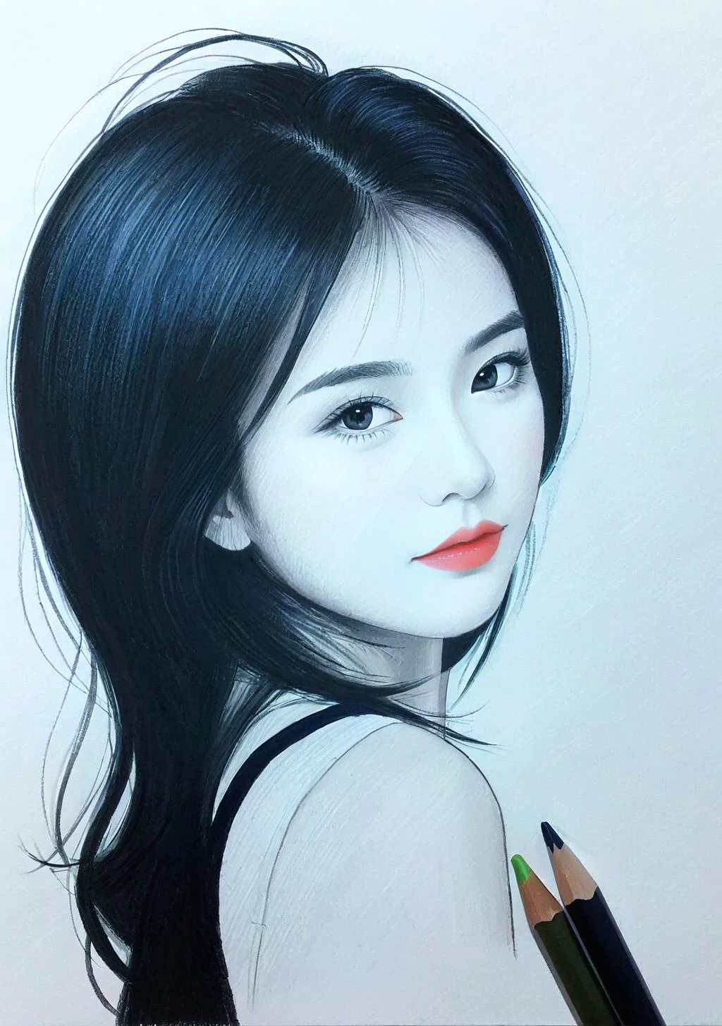 Silhouette style 1girl,(FN colored pencils:1.2),Hand drawing,sketch,portrait,Soft neutral tones background,(Artist-grade pencil drawing details:1.2),1girl,<lora:FN-colored pencils_XL-V1.0:0.8>, . High contrast, minimalistic, black and white, stark, dramatic