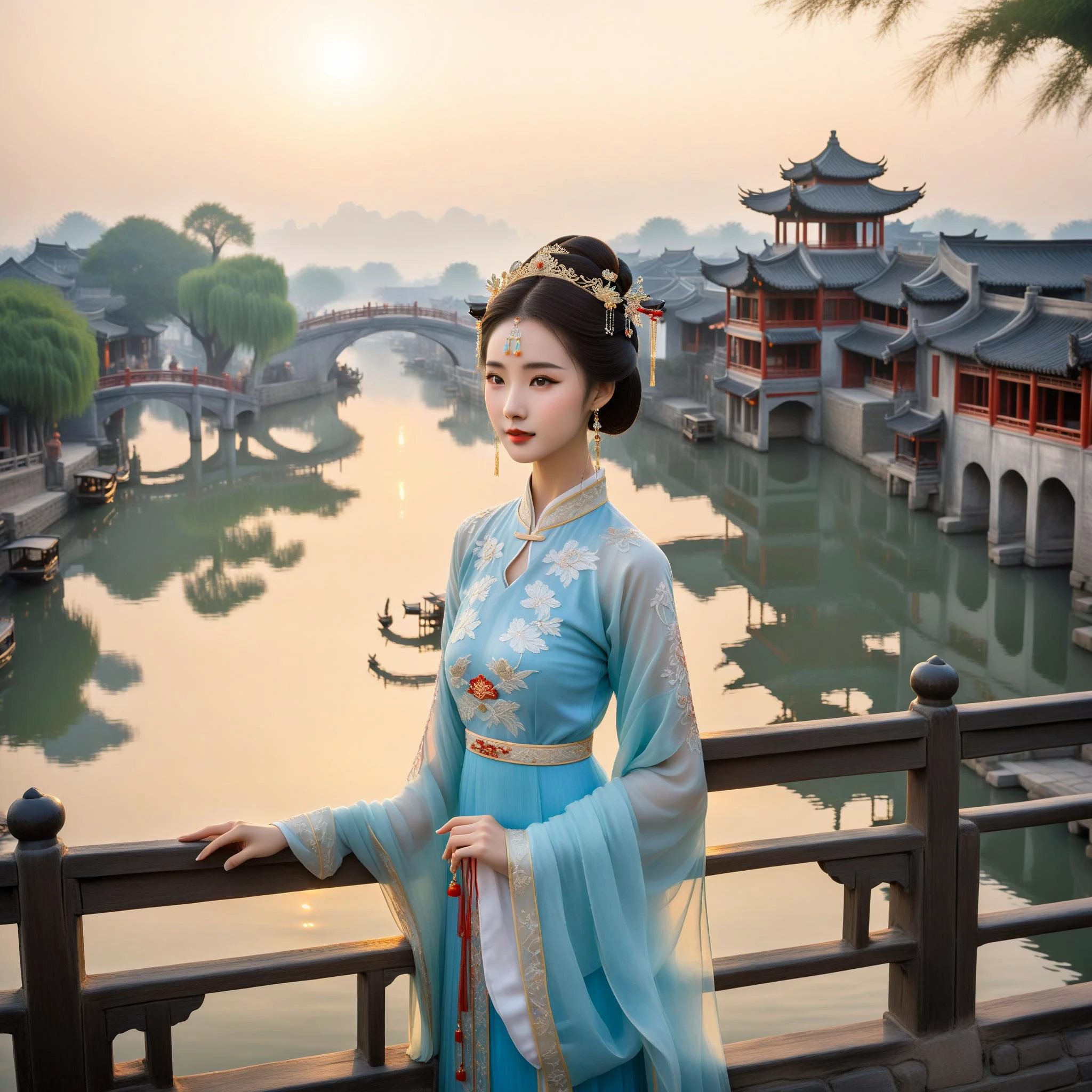 A classical beauty in a Hanfu dress stands on a bridge in a Jiangnan water village. The setting sun's afterglow shines on her, making her even more beautiful and moving.
She wears a light blue cheongsam with delicate embroidery, and a phoenix coronet on her head. Her face is delicate, with a tender expression, as if she is a fairy from an ancient painting.
The Jiangnan water village behind her is picturesque, with the rippling lake reflecting her figure. The smoke from the ancient town in the distance creates a peaceful and harmonious atmosphere.