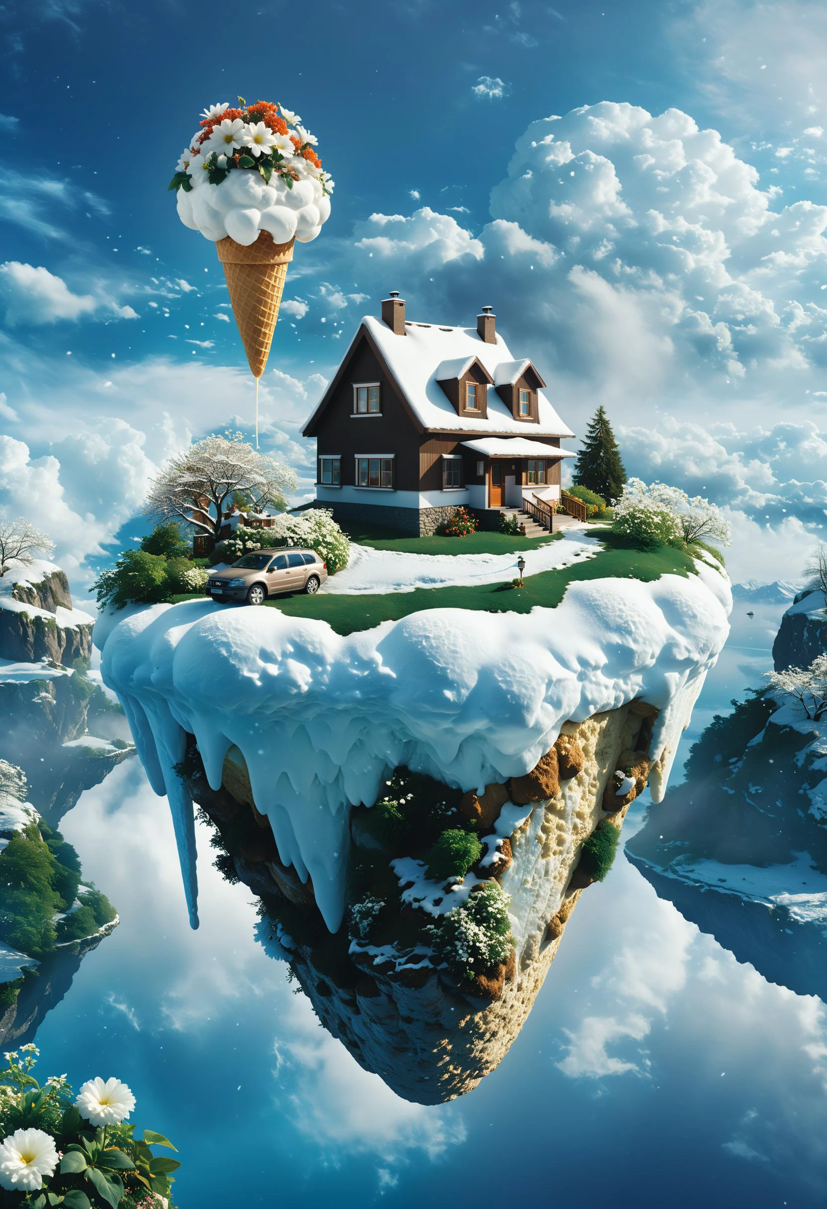 cinematic photo surreal, a floating island with ice rock, The island suspended in the sky. Inside there is an megalophobia gigantic ice cream cake nearby a house, Behind the island is the blue sky and white clouds, with flowers, green plants and buds, It is a hyper-realistic science fiction style, ethereal illustration. conceptual digital art, shrouded in mist ,snow,<lora:xl_floating:0.7>,rainbow . 35mm photograph, film, bokeh, professional, 4k, highly detailed