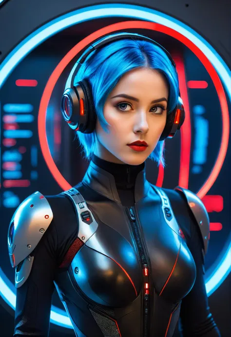 a female in a futuristic setting, featuring blue hair, large expressive eyes, and wearing a sleek black and silver bodysuit with mechanical details. She has a round headphone  with a red glowing light on top. The environment is a tech-command center with red ambient lighting, screens displaying technical data, and cables running along the walls. Her suit has glowing red elements, reflecting the light source from the helmet and surroundings.