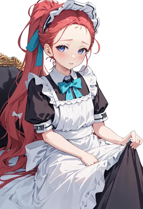 best quality, masterpiece, highres, solo, (yuzu_bluearchive:1.10), 1girl, black dress, blush, forehead, frilled apron, maid apron, maid headdress, official alternate costume, puffy short sleeves, white apron, looking at viewer, ponytail, simple background, white background, blue bowtie, closed mouth, hair ribbon, 9 <lora:yuzu_bluearchive:0.80>