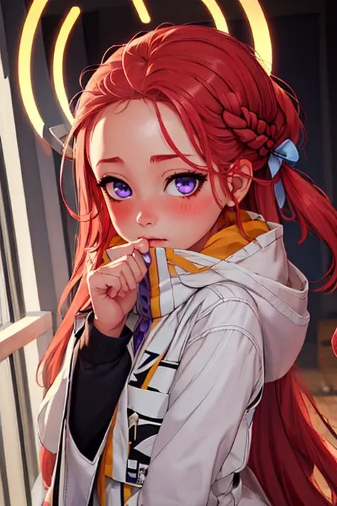 (masterpiece, best quality), 1girl, beautiful face, <lora:yuzu_bluearchive:1> yuzu_bluearchive, long_hair, red_hair, blush, forehead, halo, bow, blue_eyes, braid, hair_bow, very_long_hair, purple_eyes