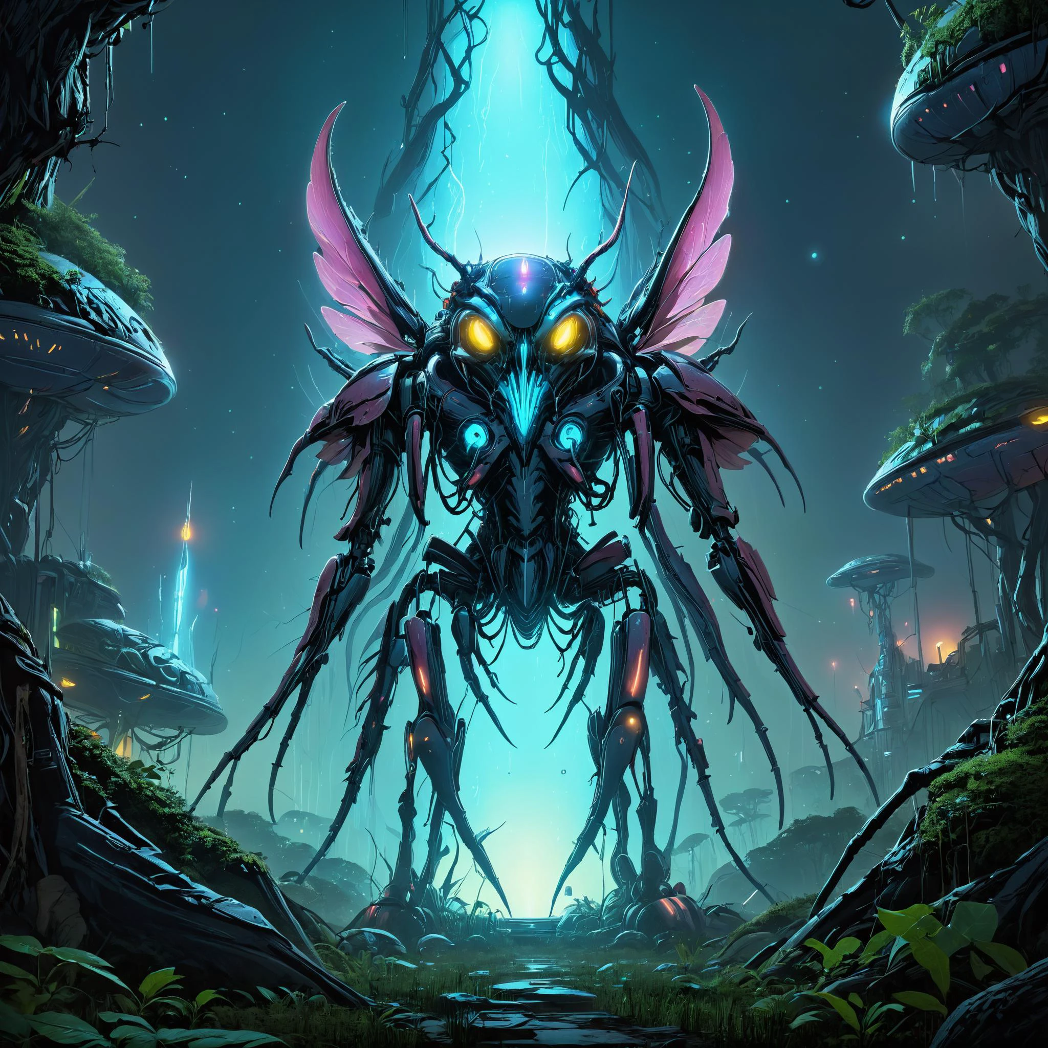 neotech towering insectoid monstrosity, Enchanted groves alive with sentient flora,, great lighting, bioluminiscent,, sharp focus, glowing, scifi neotokyo source, megalopolis, utopian, sci-fi, fantasy, dystopian, trending on artstation, artstationHD, artstationHQ, patreon, 4k, 8k<lora:NeoFuturisticTechXL:0.8> <lora:Ive_Got_The_Power:0.8> <lora:great_lighting:0.4> <lora:Neon_Style_XL:0.7>