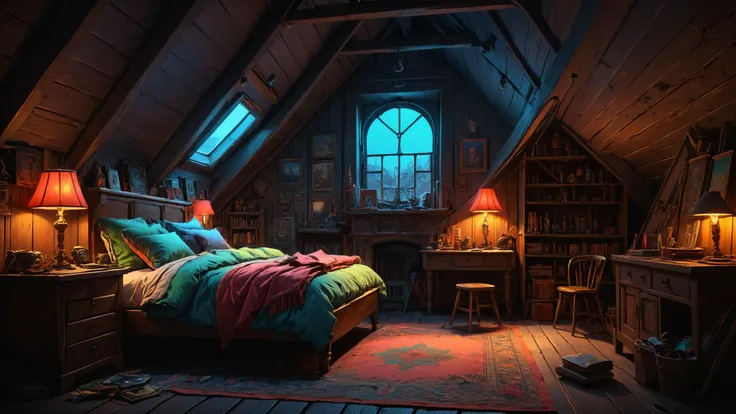 Snug attic with vintage furnishings,,, Spotlighting,, sharp focus, fiction, neon, fantasy, hyper detailed, digital art, trending in artstation, cinematic lighting <lora:Ive_Got_The_Power:0.8> <lora:add-detail-xl:0.4> <lora:Neon_Style_XL:0.7> <lora:detailed_notrigger:0.8>