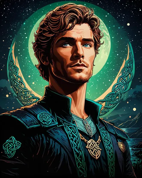 by Brandon Woelfel and Josan Gonzalez, concept art, [Boorish|Skillful] "Midnight Ron", Celtic background, beautiful, highly detailed, Accent lighting, Depth of field 270mm, artstation, High quality, <lora:Ive_Got_The_Power:1>