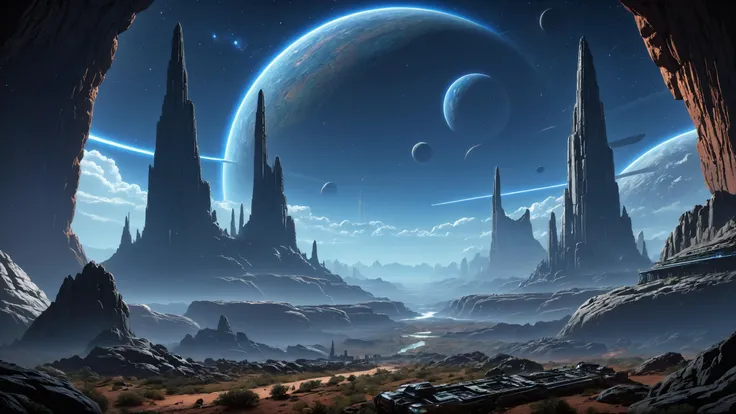 The ruins of an alien civilization, Massive rock arches framing distant starfields in the background, great lighting, beautifully lit,,, sharp focus concept art, very detailed, very realistic, trending on artstation, in the style of star citizen, star wars, overwatch, elite dangerous, beautiful, sci fi, unreal engine <lora:great_lighting:0.4> <lora:Ive_Got_The_Power:0.8> <lora:Neon_Style_XL:0.7>