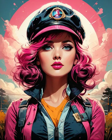 concept art, wearing Flat cap, Girl, Striking, her hair is Pink, Pixabay, Fall, designed by Thomas Kinkade, Artgerm and Dan Mumford, professional, Romantic, Reflected light, 50mm, octane engine, 64K, vivid, <lora:Ive_Got_The_Power:1>