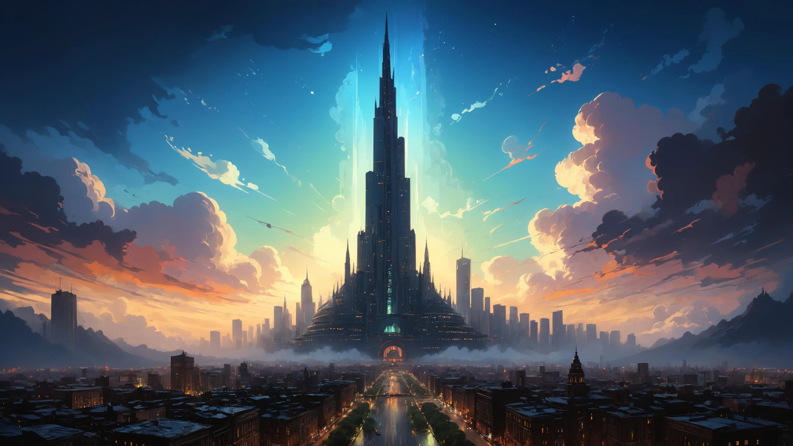 The city's skyline is dominated by the imposing silhouette of a mega-corporation headquarters, its towering spire disappearing into the clouds, <lora:detailed_notrigger:0.8>, iridescence, <lora:Ive_Got_The_Power:0.8>, <lora:PE_NeonUV Style:0.7> PENeonUV