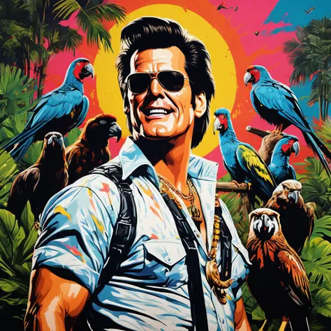 impactful paint of Jim Carey as Ace Ventura in a zoo <lora:Ive_Got_The_Power:0.8>, highly detailed, 8k, sharp, professional, clear, high contrast, high saturated, , vivid deep blacks, crystal clear