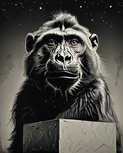 a cube, Drawing, Photograph of a Asymmetrical Baboon, at Twilight, Fearful, Dark, sharp, focussed, Ilford HP5, Depth of field 270mm, flat, <lora:Ive_Got_The_Power:1>