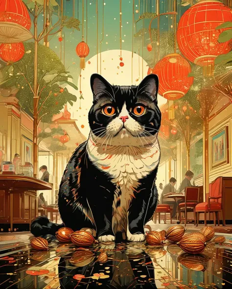 detailed art by Victo Ngai, Fantastical Exotic Shorthair Cat looking like a pecans, inside a Hotel, Bokeh, Confused, Post-Rock, Direct light, Primary Colors, creative, <lora:Ive_Got_The_Power:1>