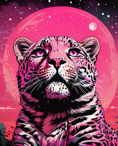 selfie shot angle of a (pink and leopard print creature:1.2) , Unconventional and Beautiful, Simple and clean, Hopeful, Cartooncore, "Whispers of the cosmos, celestial secrets hidden in the depths of the night, inviting us to gaze beyond the stars.", masterpiece, art by Jamie McKelvie, Stuart Immonen, dreamy, cityscape, <lora:Ive_Got_The_Power:1>