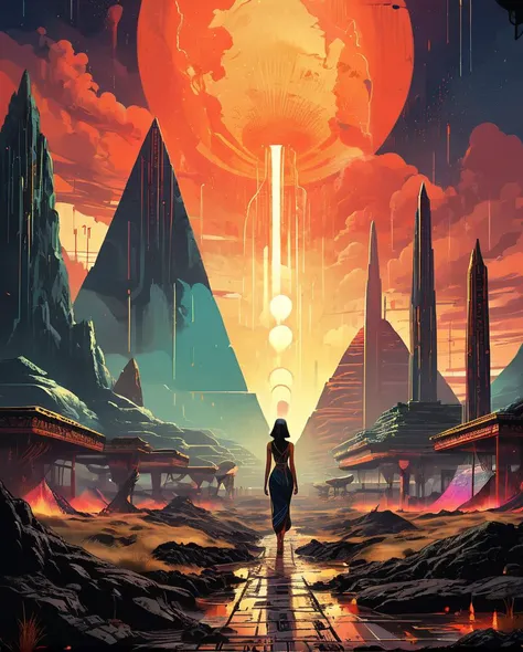 by Anna Dittmann, cozy ("Walk like an Egyptian.":1.2) , lava pit in background, field, Raining, Futurism, award winning, unreal engine, <lora:Ive_Got_The_Power:1>