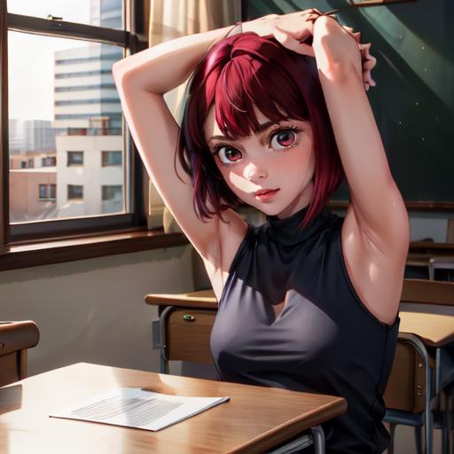 Anime girl with red hair sitting at a desk in a classroom - SeaArt AI