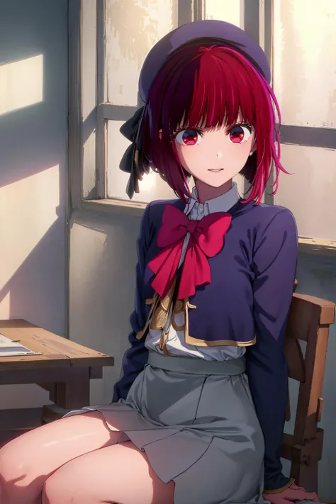 ultra realistic 8k cg, masterpiece, ((ultra detailed background, delicate pattern, intricate detail)), (highly detailed, fine details), best quality, 1girl, (photorealistic:1.4),beautiful lighting, absurdres, RAW photo, film grain, blue hat, hat, bow, pink bowtie, school uniform, blue jacket, jacket, skirt, short grey skirt, 1girl, solo, shirt, white shirt, classroom, sitting behind desk, kanaarima, (((red eyes))),<lora:ArimaKana:1>, <lora:BetterHands:1>