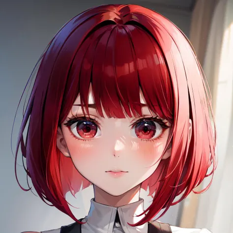 masterpiece, best quality, extra detailed, face focus, <lora:kanaarima-lora-nochekaiser:1>,kana arima, bob cut, (red eyes:1.5), red hair, short hair, cute,shy,