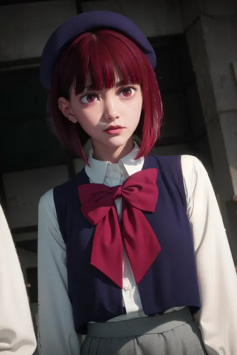 ultra realistic 8k cg, masterpiece, ((ultra detailed background, delicate pattern, intricate detail)), (highly detailed, fine details), best quality, 1girl, (photorealistic:1.4),beautiful lighting, absurdres, RAW photo, film grain, blue hat, hat, bow, pink bowtie, school uniform, blue jacket, jacket, skirt, short grey skirt, 1girl, solo, shirt, white shirt, classroom, kanaarima, (((red eyes))),<lora:ArimaKana:1>, <lora:BetterHands:1>