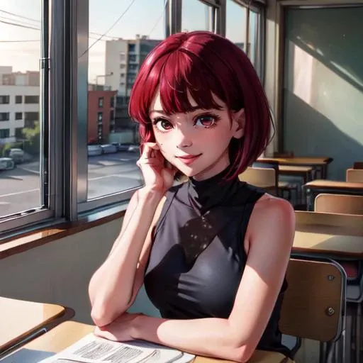 best quality,masterpiece,highres, kanaarima,1girl, mature,solo,solo focus, focus on upper body,black turtleneck, black sleeveless turtleneck, hands on hand on own cheek,smile:1.1,sitting, classroom, <lora:add_detail:0.6>  <lora:kanav1:0.7>