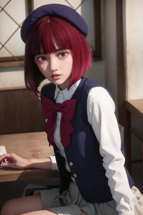 ultra realistic 8k cg, masterpiece, ((ultra detailed background, delicate pattern, intricate detail)), (highly detailed, fine details), best quality, 1girl, (photorealistic:1.4),beautiful lighting, absurdres, RAW photo, film grain, blue hat, hat, bow, pink bowtie, school uniform, blue jacket, jacket, skirt, short grey skirt, 1girl, solo, shirt, white shirt, classroom, sitting behind desk, kanaarima, (((red eyes))),<lora:ArimaKana:1>, <lora:BetterHands:1>