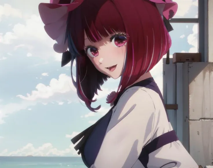 highres, best quality, ((solo)) masterpiece, high quality, 8k, beautiful lighting, kanaarima, 1girl, ((solo)), panties,, nsfw, (oshi_no_ko), 1girl, solo, ((red_swimsuit)), purple eyes, smile, hair ornament, looking at viewer, open mouth, purple hair, bangs, hair flower, one side up, flower, sketch, blush, teeth, scrunchie, full body, ((holding_ice_cream)), ((1girl)), ((solo)), multicolored hair, purple eyes, grey, upper body, long sleeves, (badge on hat), ice cream, looking at viewer, symbol-shaped pupils, looking at viewer, details eyes, ((umbrella)), (sit), ((Directly facing the audience)), absurdres, ((cowboy shot)), beach, <lora:kanav2:1>