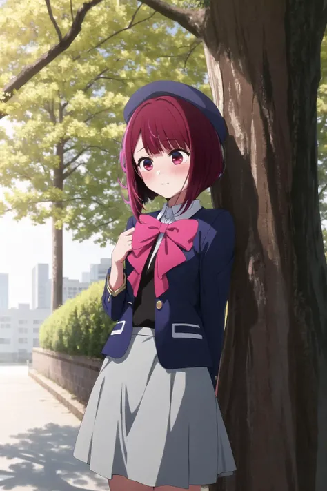 unparalleled masterpiece,intricate detail,
kanaarima,school uniform,jacket,blue jacket,blue hat,hat,bow,pink bowtie,skirt,grey skirt,
1girl,blush,looking away,under tree,shadow,school,day,
(masterpiece:1.4),(best quality:1.4)