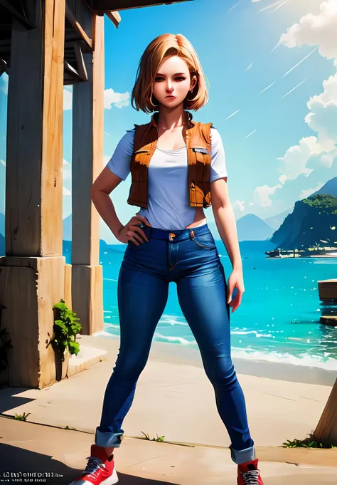 (Photo:1.3), highdetail, <lora:C18:0.8>, C18, 1girl, solo, jeans, vest,, (acclaimed, alluring, captivating, exciting, gorgeous, striking:1.3), (trending on artstation:1.3)