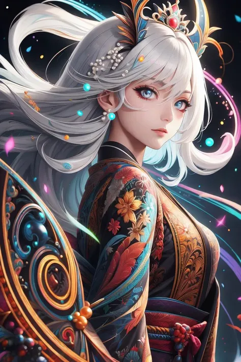 upper body, best quality, masterpiece, a Japanese woman with Luminescence white hair, detailed pearl blue eye, high detailed goddess soul, focus on character, solo, style swirl magic, solo, from front, front view, looking at viewer, detailed face, Luminescence Lighting Magic Circle theme, perched on a ledge, tight neon body, light streaks, dark abyssal wanderer abstract, Simple Luminescence Neon Gown, inscribed with mystical runes, indonesian atmosphere, blurry background  <lora:Indonesian_atmosphere:0.5>  <lora:1687178321990570596:0.8>