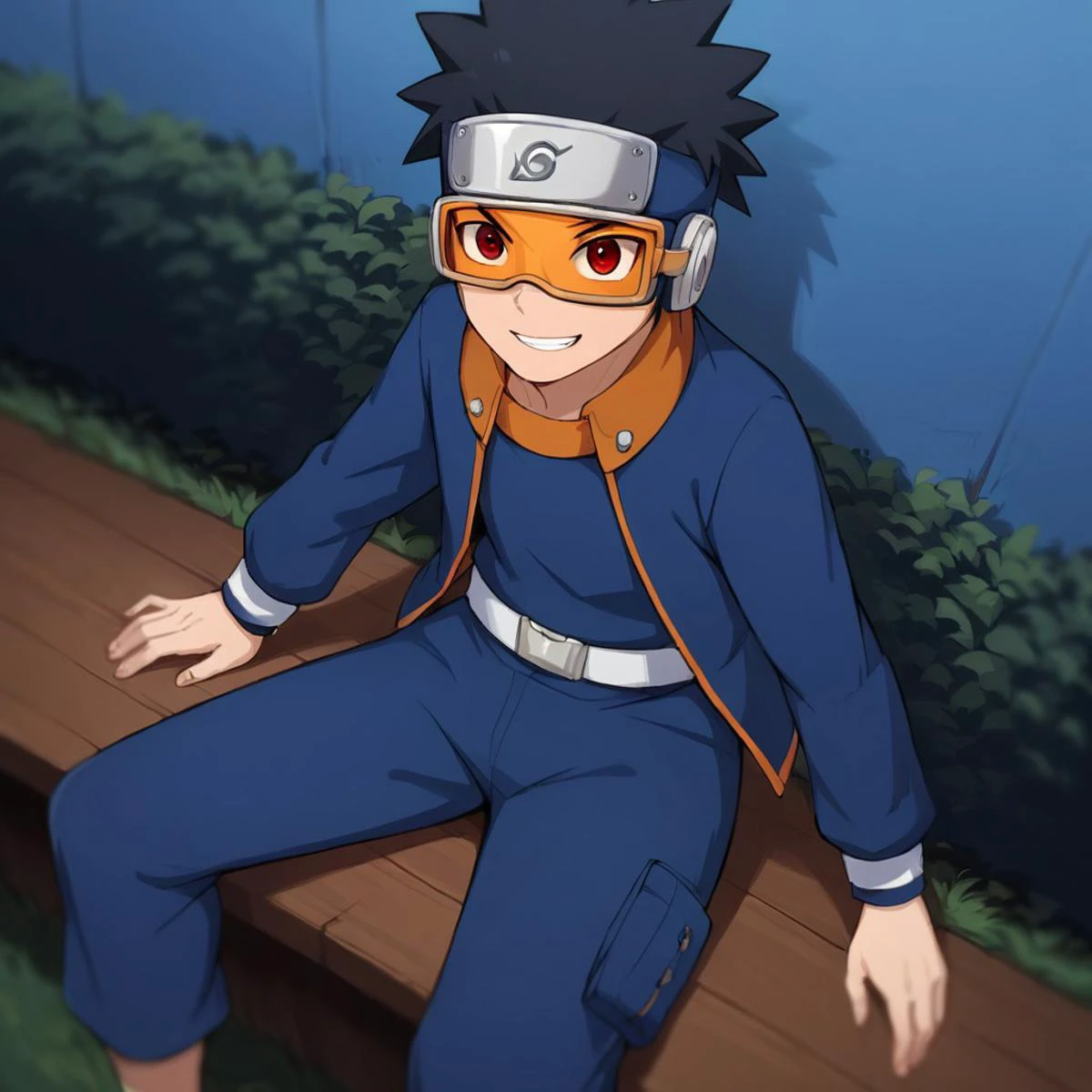 score_9,score_8_up,score_7_up,source_anime,rating_safe BREAK masterpiece,highres,best quality,high quality,dramatic angle,cinematic lighting,1boy,<lora:Obito_Pony_V2:1>,Uchiha Obito \(Shounen\),young,black hair,spiked hair,goggles,forehead protector,konohagakure symbol,blue shirt,blue pants,belt,pockets,holding kunai,wristband,action pose,dynamic angle,v-shaped eyebrows,depth of field,blue sky,orange stripes,orange collar,shounen,long sleeves,jacket,sharingan,red eyes,woods, sitting, barefoot, showing the soles of feet, smile, soles, teeth