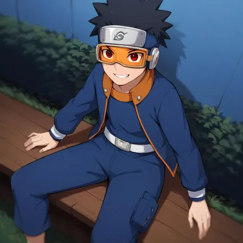score_9,score_8_up,score_7_up,source_anime,rating_safe BREAK masterpiece,highres,best quality,high quality,dramatic angle,cinematic lighting,1boy,<lora:Obito_Pony_V2:1>,Uchiha Obito \(Shounen\),young,black hair,spiked hair,goggles,forehead protector,konohagakure symbol,blue shirt,blue pants,belt,pockets,holding kunai,wristband,action pose,dynamic angle,v-shaped eyebrows,depth of field,blue sky,orange stripes,orange collar,shounen,long sleeves,jacket,sharingan,red eyes,woods, sitting, barefoot, showing the soles of feet, smile, soles, teeth