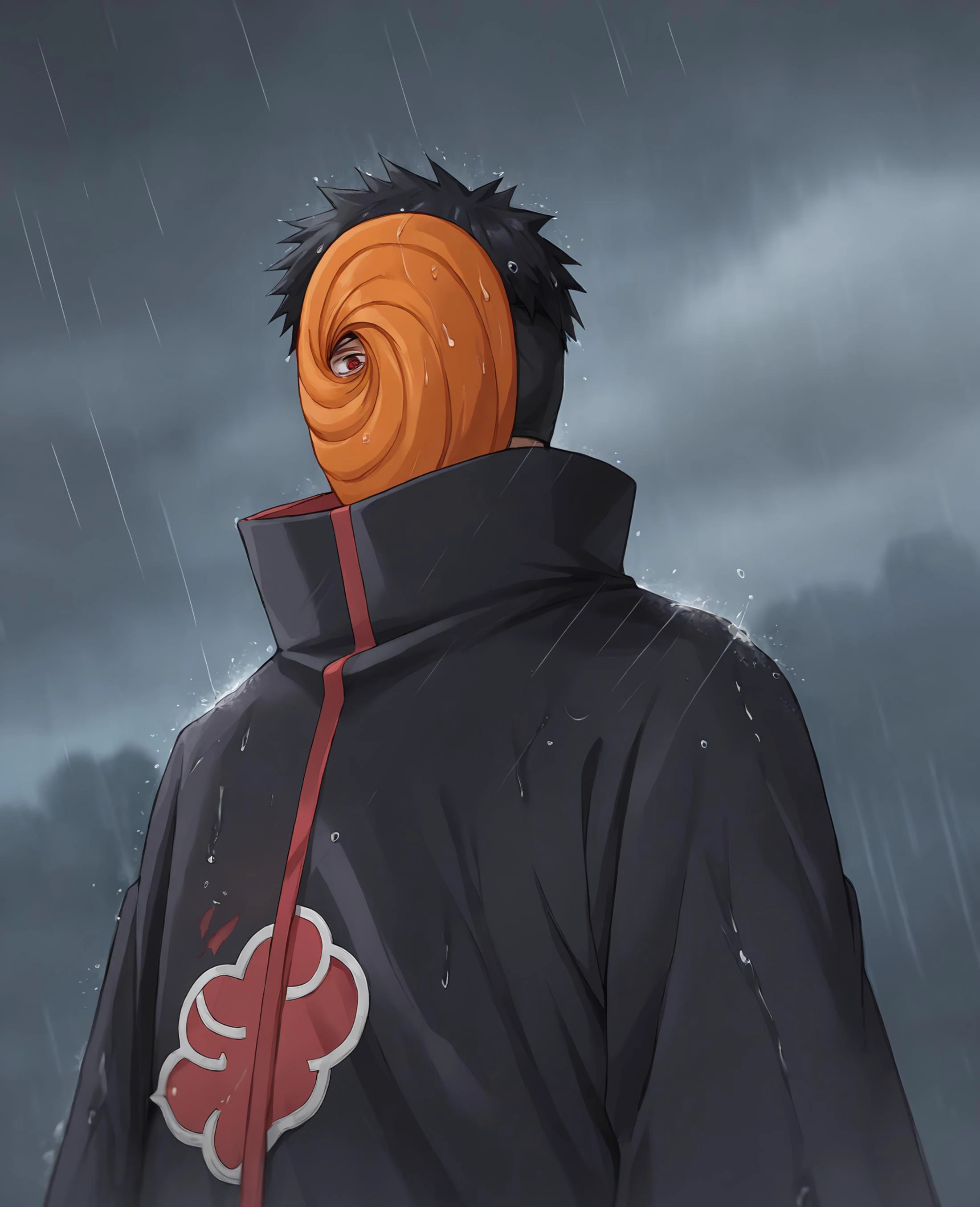 score_9,score_8_up,score_7_up,source_anime,rating_safe BREAK masterpiece,highres,best quality,high quality,dramatic angle,cinematic lighting,1boy,<lora:Obito_Pony_V2:1>,Tobi,orange mask,black hair,black robe,akatsuki robe,black robe with red cloud pattern on it,patterned,black gloves,torn clothes,torn mask,scar,rain,depth of field,rainy,raindrop,water,wet,dark clouds,ruin,serious,covered only half face,red eye,sharingan,glowing eye,damaged,from below,