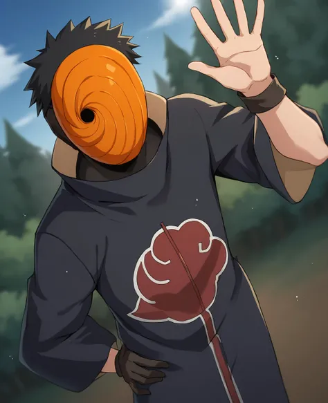 score_9,score_8_up,score_7_up,source_anime,rating_safe BREAK masterpiece,highres,best quality,high quality,dramatic angle,cinematic lighting,1boy,<lora:Obito_Pony_V2:1>,Tobi,orange mask,empty eyes,black hair,black robe,akatsuki robe,patterned,black gloves,sunshine,blue sky,waving hand,happy,glowing,sparkles,shiny,straight-on,woods,depth of field,one hand on own hip,