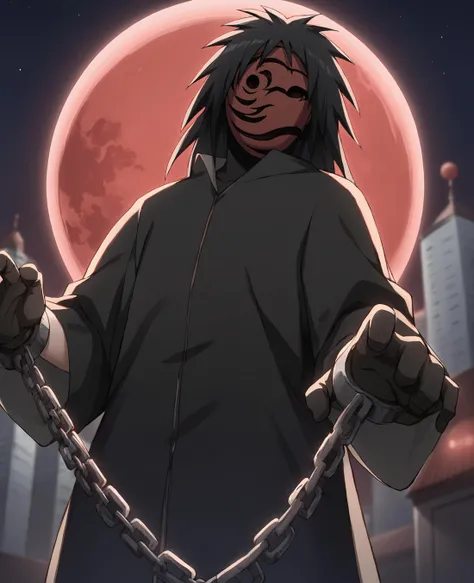 score_9,score_8_up,score_7_up,source_anime,rating_safe BREAK masterpiece,highres,best quality,high quality,dramatic angle,cinematic lighting,1boy,<lora:Obito_Pony_V2:1>,dim,night,moon,red moon,Uchiha Obito \(Red night\),red night,black robe,black gloves,cityscape,extremely detailed background,blurry background,buildings,katana,long messy hair,portrait,close-up,holding,cowboy shot,<lora:add-detail-xl:0.22>,<lora:flat_sdxl:-0.43>,black pants,from below,horror,black hair,red mask,empty eyes,holding weapon,blood,pointy hair,chain,dynamic angle,action pose,