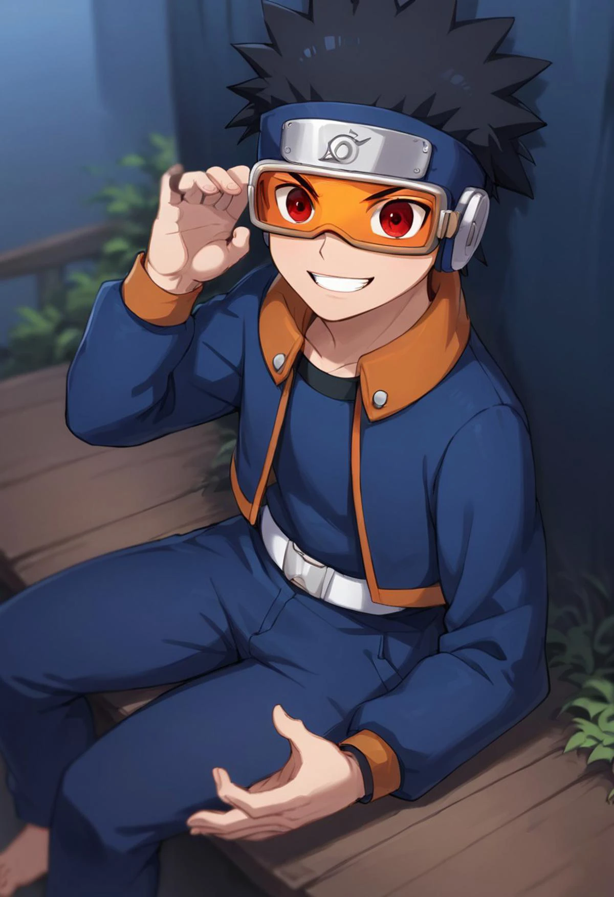 score_9,score_8_up,score_7_up,source_anime,rating_safe BREAK masterpiece,highres,best quality,high quality,dramatic angle,cinematic lighting,1boy,<lora:Obito_Pony_V2:1>,Uchiha Obito \(Shounen\),young,black hair,spiked hair,goggles,forehead protector,konohagakure symbol,blue shirt,blue pants,belt,pockets,holding kunai,wristband,action pose,dynamic angle,v-shaped eyebrows,depth of field,blue sky,orange stripes,orange collar,shounen,long sleeves,jacket,sharingan,red eyes,woods, sitting, barefoot, showing the soles of feet, smile, soles, teeth