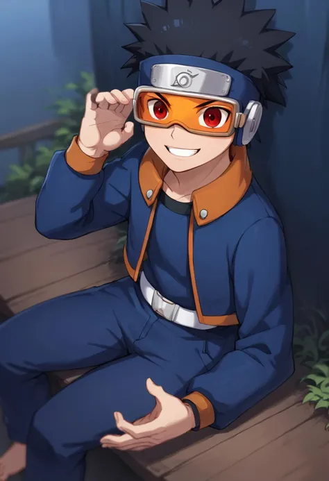 score_9,score_8_up,score_7_up,source_anime,rating_safe BREAK masterpiece,highres,best quality,high quality,dramatic angle,cinematic lighting,1boy,<lora:Obito_Pony_V2:1>,Uchiha Obito \(Shounen\),young,black hair,spiked hair,goggles,forehead protector,konohagakure symbol,blue shirt,blue pants,belt,pockets,holding kunai,wristband,action pose,dynamic angle,v-shaped eyebrows,depth of field,blue sky,orange stripes,orange collar,shounen,long sleeves,jacket,sharingan,red eyes,woods, sitting, barefoot, showing the soles of feet, smile, soles, teeth