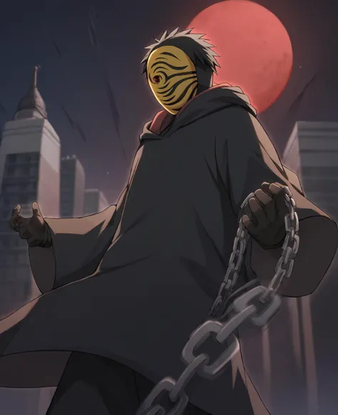 score_9,score_8_up,score_7_up,source_anime,rating_safe BREAK masterpiece,highres,best quality,high quality,dramatic angle,cinematic lighting,1boy,<lora:Obito_Pony_V2:1>,dim,night,moon,red moon,Uchiha Obito \(Masked man\),masked man,black robe,grey mask,yellow mask,sharingan,red eye,black gloves,cityscape,extremely detailed background,blurry background,buildings,portrait,close-up,cowboy shot,<lora:add-detail-xl:0.22>,<lora:flat_sdxl:-0.43>,black pants,from below,horror,black hair,blood,dynamic angle,action pose,chain,motion blur,motion lines,speed lines,hooded cloak,