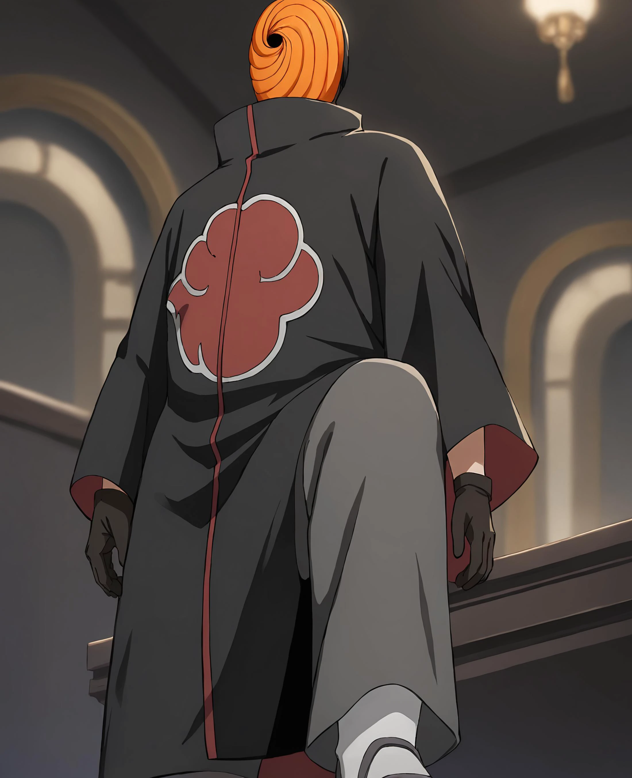 score_9,score_8_up,score_7_up,source_anime,rating_safe BREAK masterpiece,highres,best quality,high quality,dramatic angle,cinematic lighting,1boy,<lora:Obito_Pony_V2:1>,Tobi,orange mask,empty eyes,black hair,black robe,akatsuki robe,black robe with red cloud pattern on it,patterned,black gloves,one knee,grey pants,sandals,white socks,standing on a roundtable,meeting room,indoors,chandelier,from below,red eye,sharingan,glowing eye,depth of field,arm support,