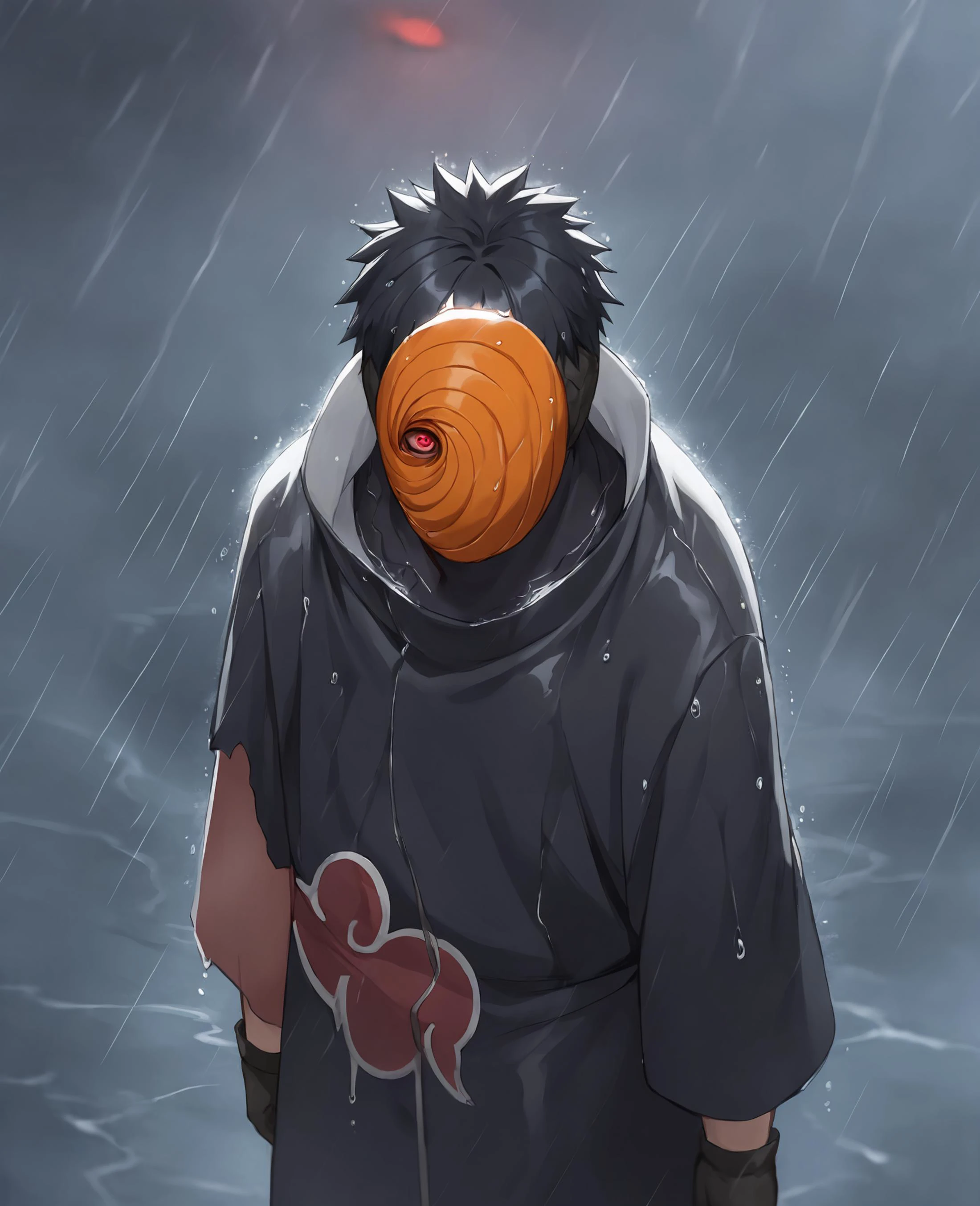 score_9,score_8_up,score_7_up,source_anime,rating_safe BREAK masterpiece,highres,best quality,high quality,dramatic angle,cinematic lighting,1boy,<lora:Obito_Pony_V2:1>,Tobi,orange mask,black hair,black robe,akatsuki robe,black robe with red cloud pattern on it,patterned,black gloves,torn clothes,torn mask,scar,rain,depth of field,rainy,raindrop,water,wet,dark clouds,ruin,serious,covered only half face,red eye,sharingan,glowing eye,damaged,