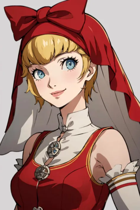 masterpiece, best quality, solo, 1girl, smile, looking at viewer,  <lora:P5-Protraits_Fp:0.8>, simple background, portrait, <lora:Idun:1>, red dress, veil, bow,