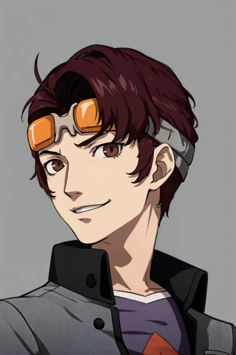 masterpiece, best quality, solo, 1boy, smirk, looking at viewer,  <lora:P5-Protraits_Fp:0.8>, simple background, portrait, <lora:Brown:1>, brownp1, school uniform, goggles, goggles on head,